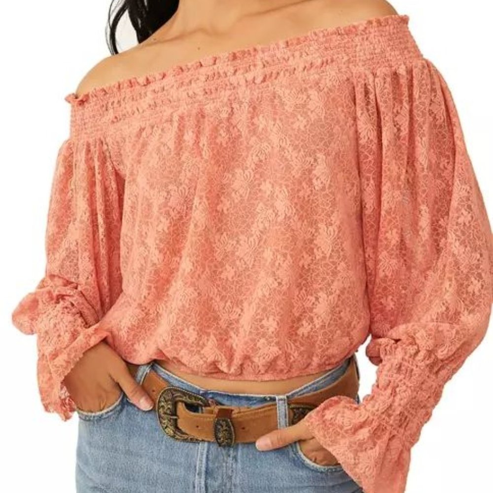 Free People Emily Coral Lace Off the Shoulder Long Sleeve Crop Top - size S NWT